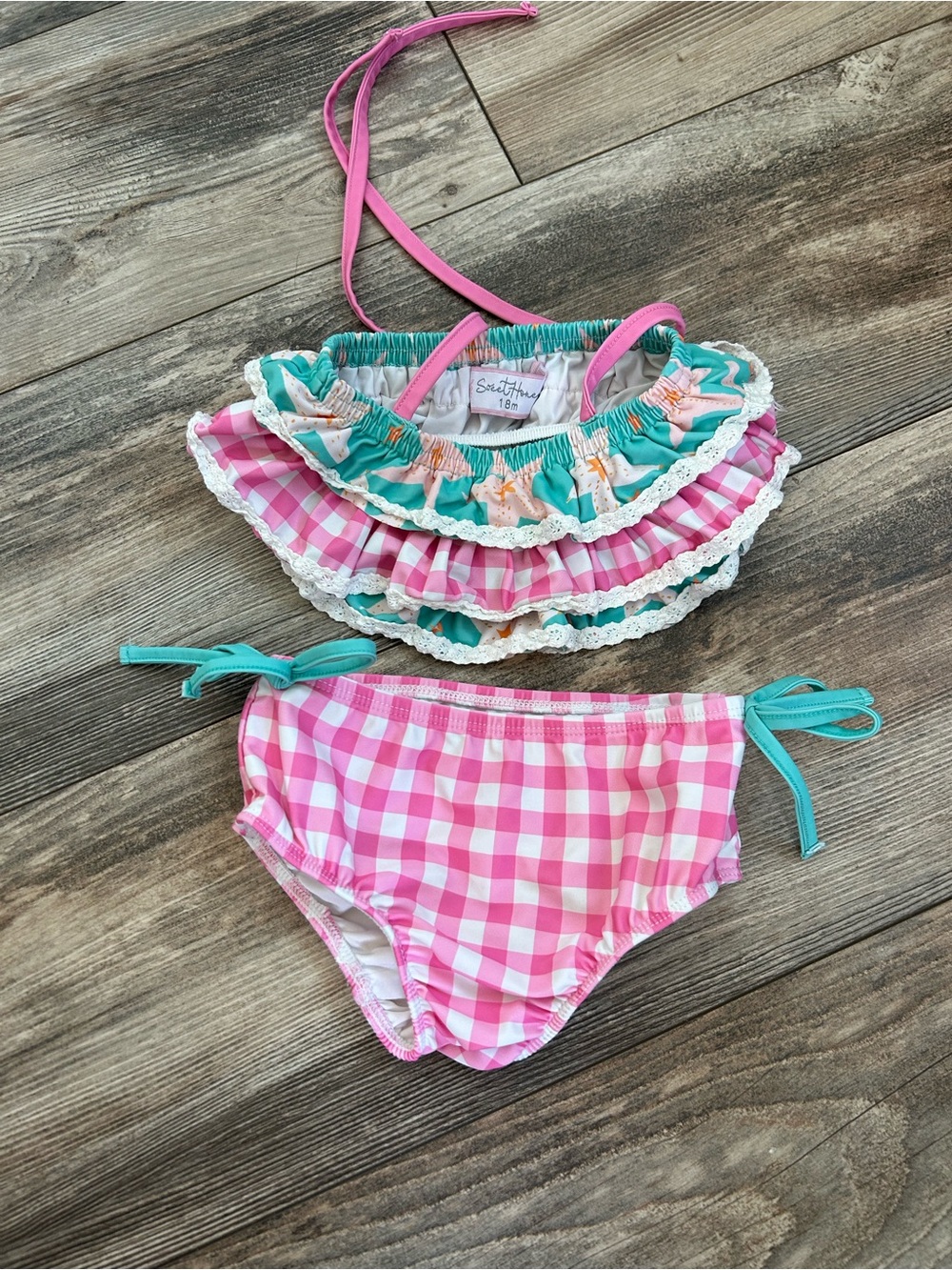 Sweethoney Pink Gingham and starfish Ruffle Bikini - Girls